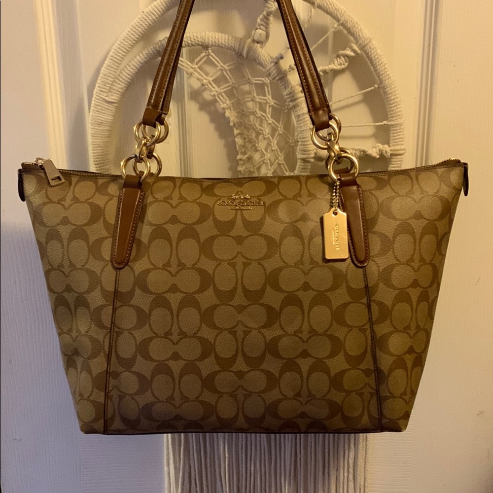 Coach Brown Signature Canvas Tote with Leather Trim